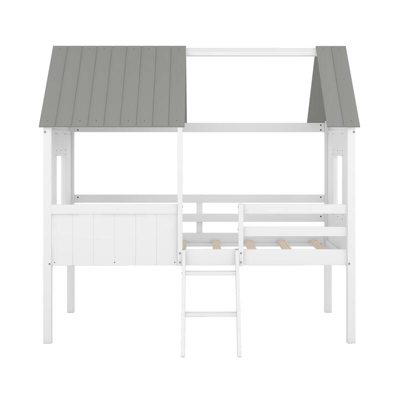 Twin Size Low Loft Wood House Bed with Two Side Windows in White and Gray