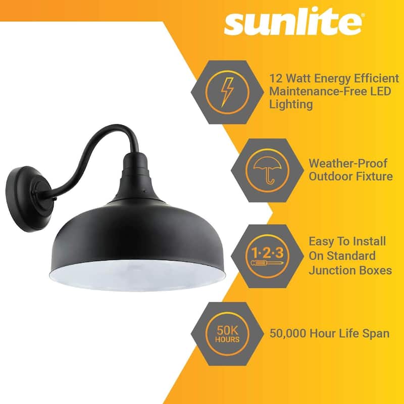Sunlite Black LED Warm White 3000K Outdoor Dimmable Gooseneck Barn Light Wall Mounted Sconce - 12 in