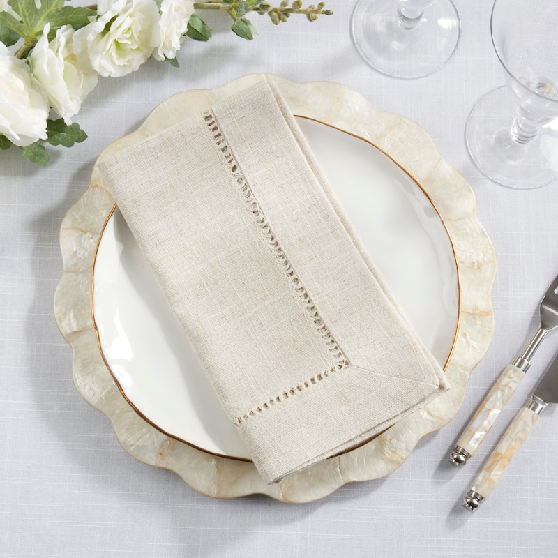 Decorative Napkins (Set of 12) - Stitched Border Detail for Dining and Entertaining - Set of 12 - 22"x22" - Natural