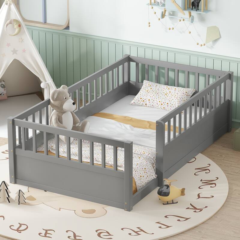 Solid Wood Floor Bed Frame without Slats, Montessori Kids Floor Beds with Full Length Fence, No Box Spring Needed