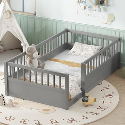 Twin Floor Bed Frame with Fence, Montessori wooden children's floor bed,Wood Kids Floor Beds Frame for Bedroom Playroom