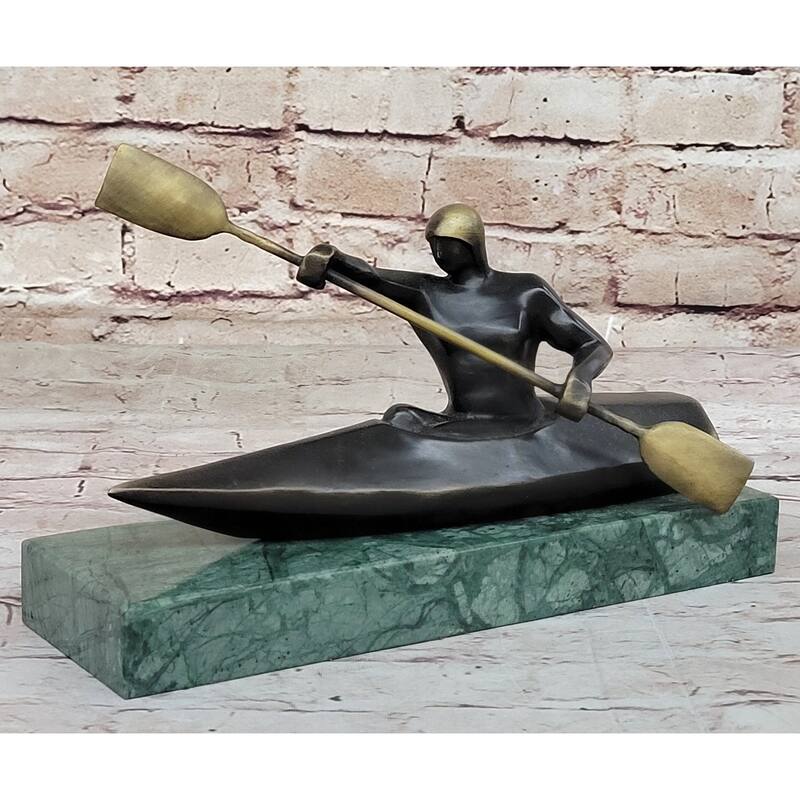 Hot Cast Canoeing Trophy Bronze Sculpture By Mario Nick Green Marble Base Figure