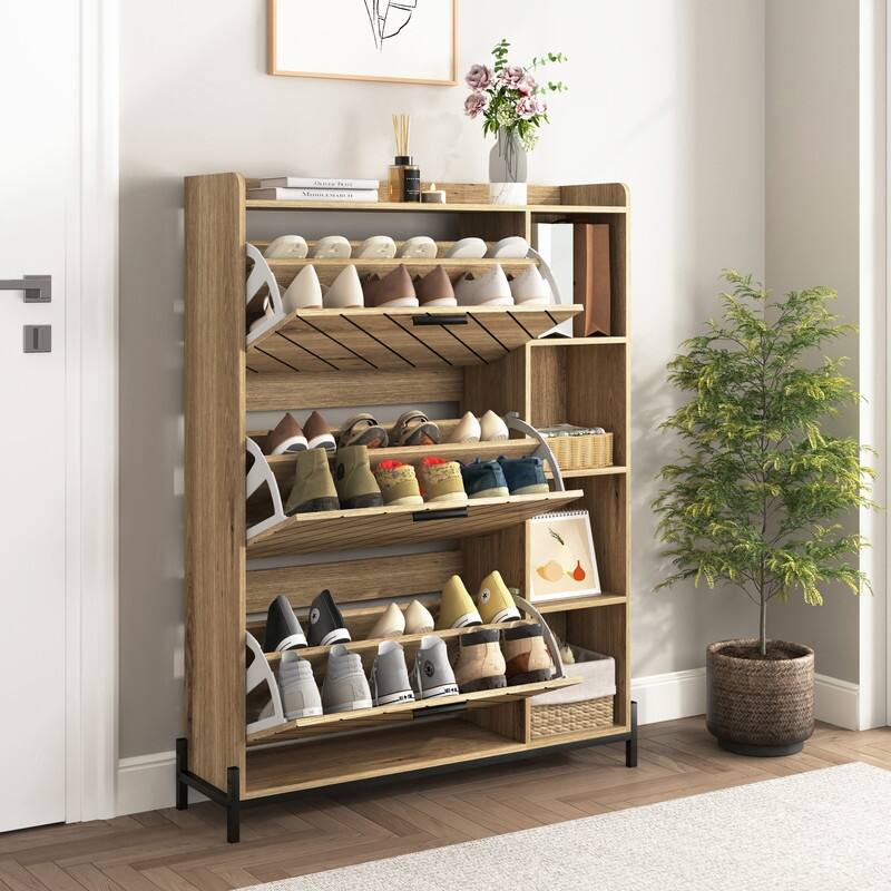 Shoe Cabinet with 3 Flip Drawers and Open Shelves