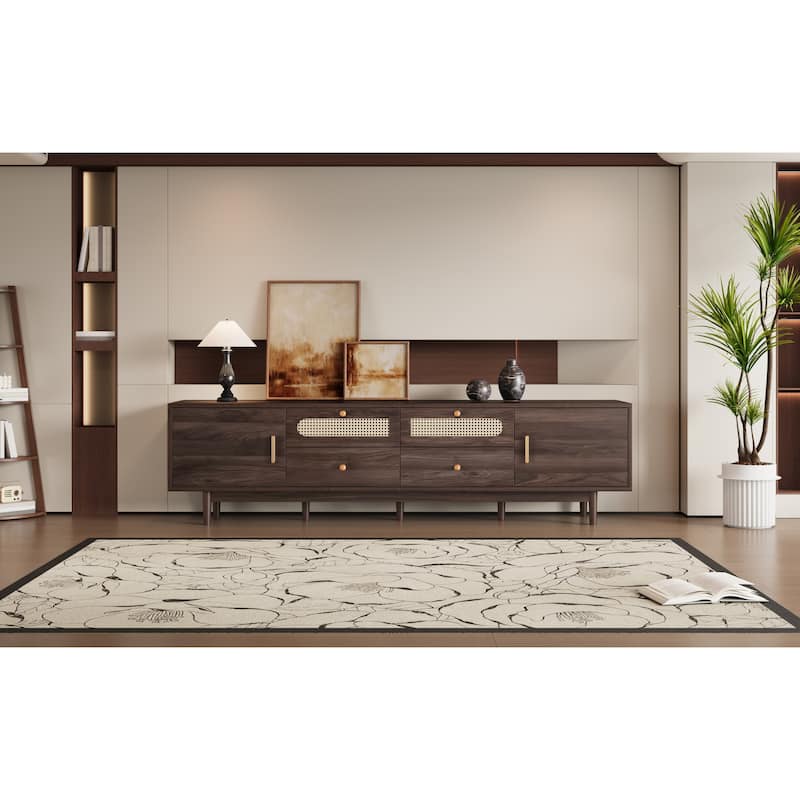 Modern76 Inch TV Stand with Rattan Doors and Storage for Large TVs