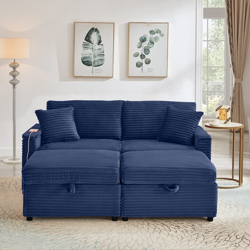 Modular Chaise Sleeper Sofa Bed, Corduroy Loveseat Couch & Storage Ottomans Set with Folding Table Boards and USB Ports