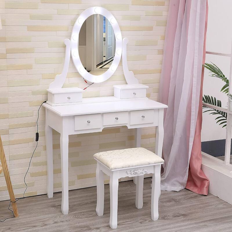 Modern Vanity Desk with Oval Mirror and Stool - Wood Makeup Dressing Table, 3 Lighting Modes, 5 Large Drawers