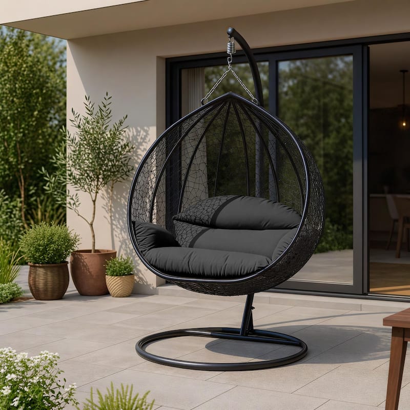 2-Person Outdoor Hanging Egg Chair with Teardrop Frame, Weather-Resistant Cotton Cushioned Seat for Patio and Indoor Use