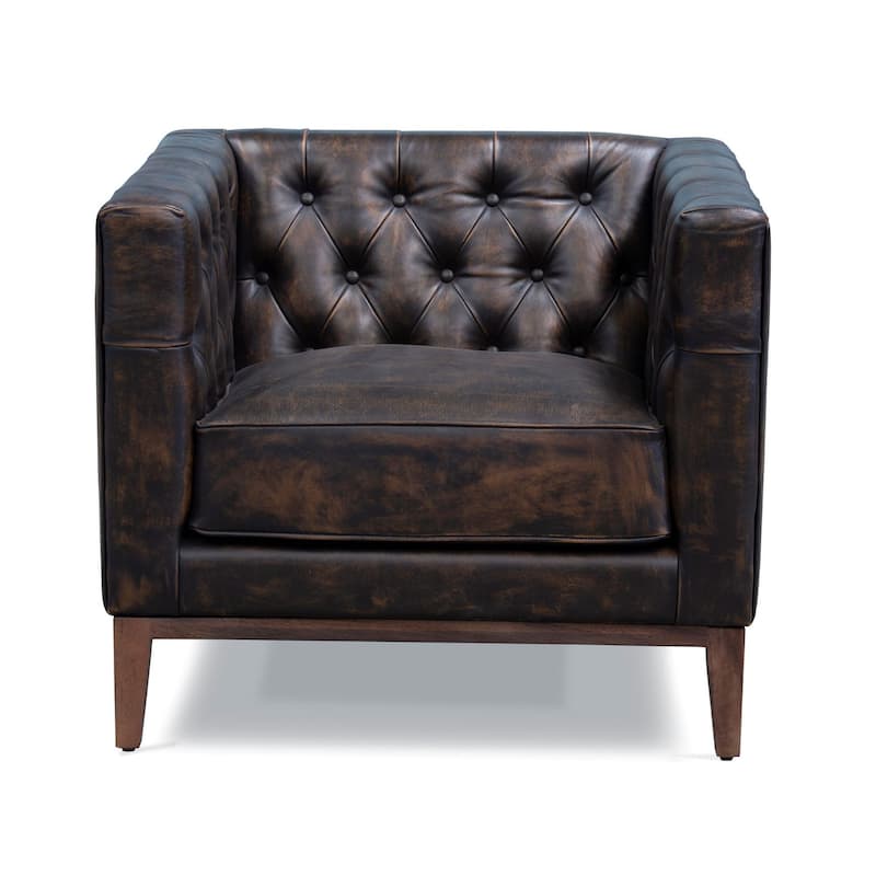 HomeRoots 33" Brown and Black Antiqued Top Grain Leather Tufted Club Chair - 34 in. x 29 in. x 32 in.