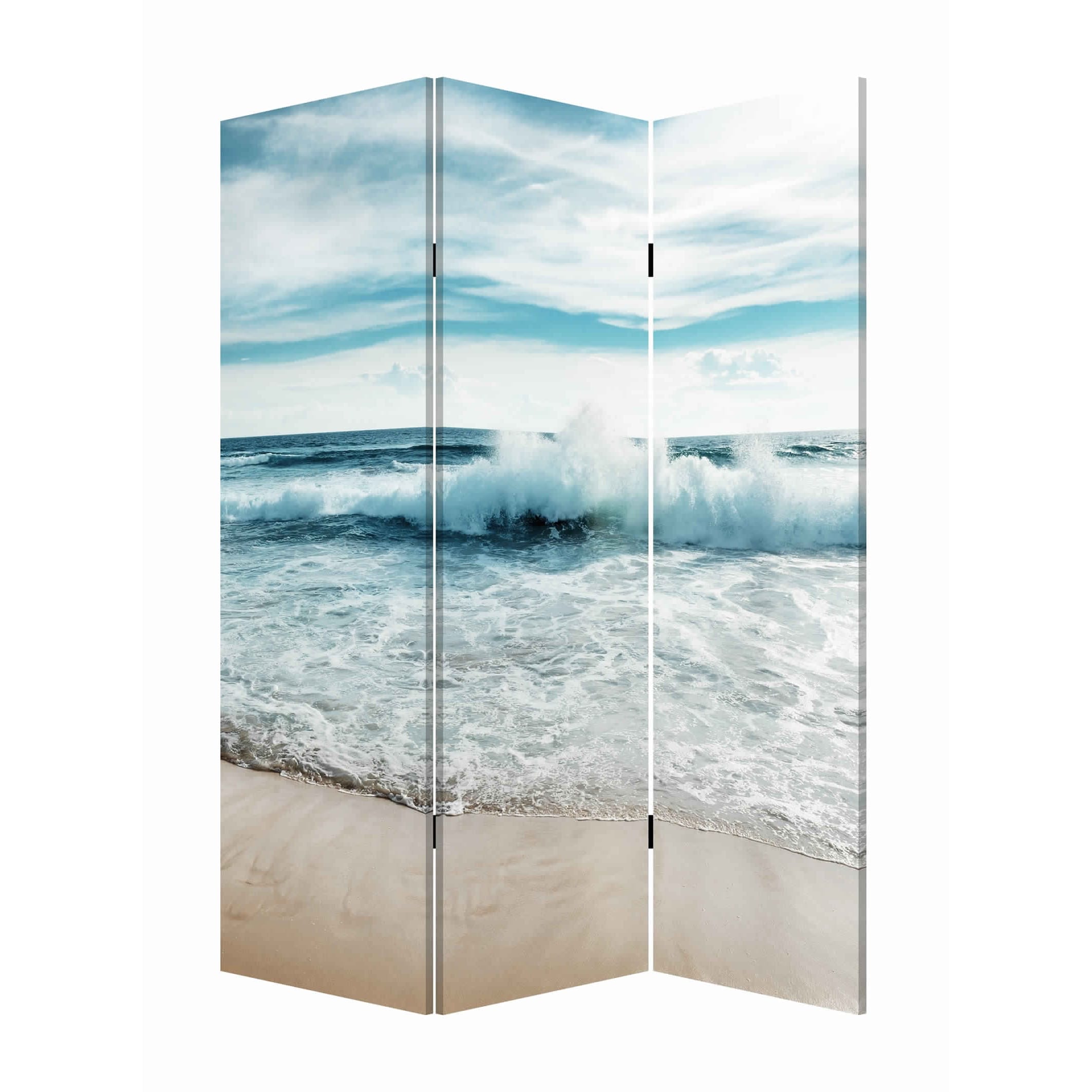 Foldable Canvas Screen with Ocean Shore Print and 3 Panels, Multicolor