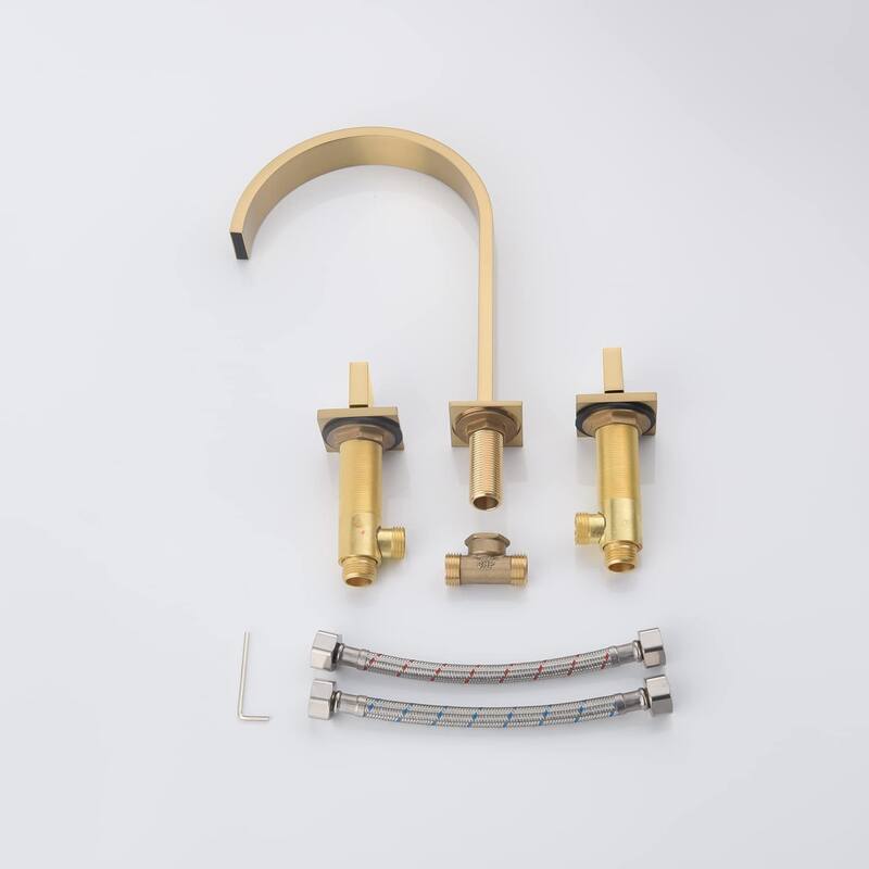 Brushed Gold Two handles 3 holes Waterfall bathroom Sink Faucet with brass pop up overflow Drain