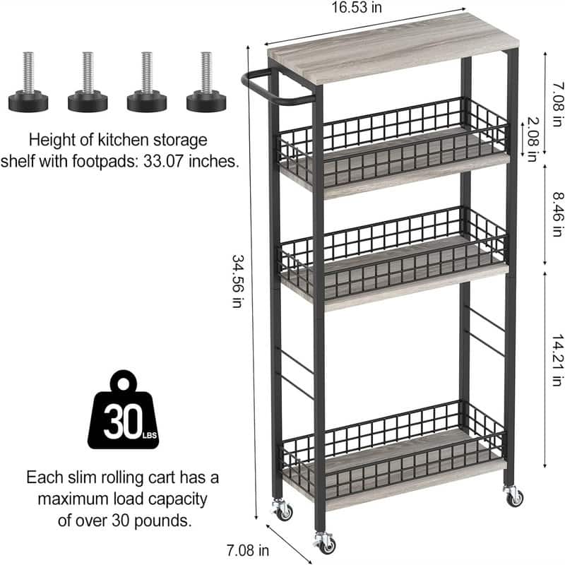 Storage Cart Rolling Kitchen Cart with Wheels Narrow Laundry Storage Utility Cart - 7.08"D x 16.53"W x 34.56"H