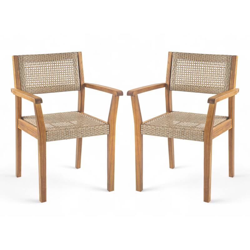 Roomfitters Amaris Outdoor Acacia Wood Dining Chairs with Wicker Accents, Teak Finish Set of 2
