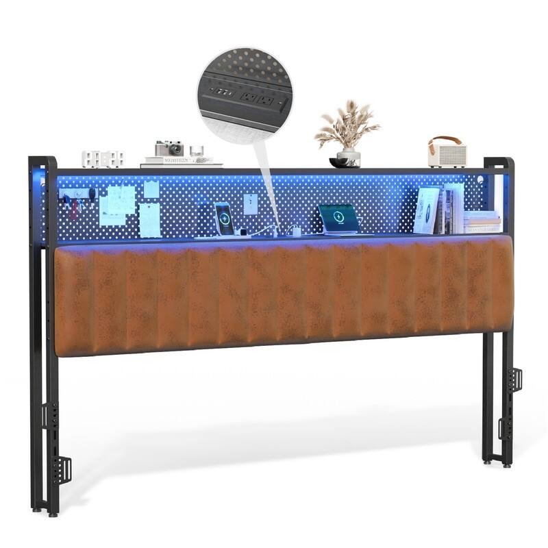Adjustable Upholstered Headboard with 2 Tier Shelves with Charging Stations and LED Lights, Modern Bed Headboard with Storage - PU and brown - King