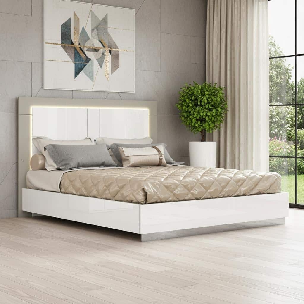 HomeRoots White And Taupe Wood Queen Bed Frame