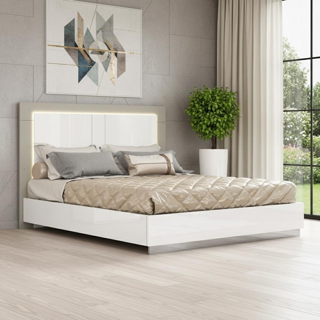 HomeRoots White And Taupe Wood Queen Bed Frame