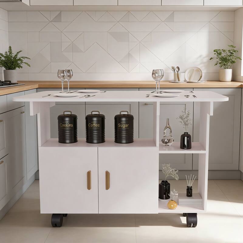 Anmytek Folding Drop Leaf Dining Table with Wheels, Modern Movable Kitchen Island for Small Spaces, White