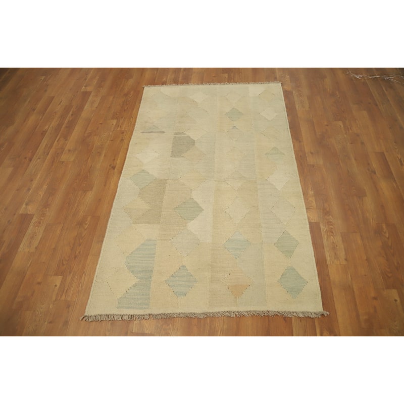 Hand Woven Oriental 100% Wool Carpet Southwestern Modern Beige & Ivories Kilim Area Rug - 4' 9'' X 2' 11''