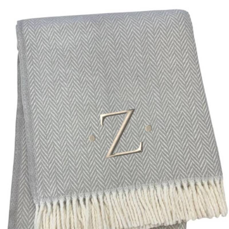 HomeRoots 55" X 70" Gray And White Herringbone Cotton Blend Z Initial Throw Blanket with Tassels And Embroidery