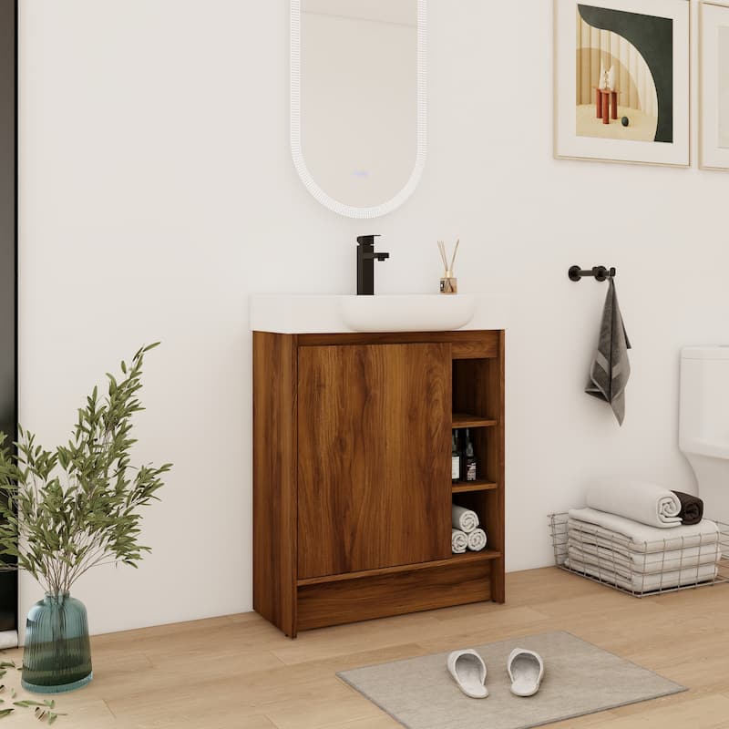 28 Inch Freestanding Bathroom Vanity Cabinet with Ceramic Sink,1 Soft Close Door and 3 Shelves