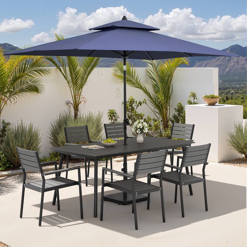 9PC Outdoor Patio Dining Set Aluminum Table with Stackable Armchairs w/ Premium Market Umbrella Sets - GreyTable&GreyChairs&NavyBlueUmbrella