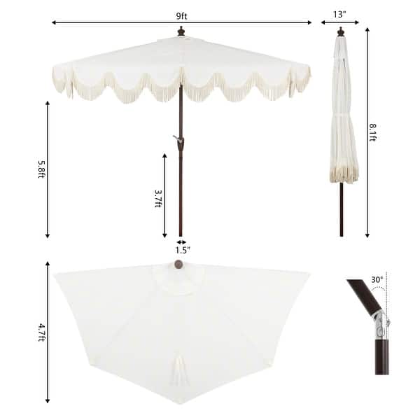 dimension image slide 8 of 12, 9ft Half Market Umbrella, Scalloped, Crank, Tilt, UV, by JONATHAN Y