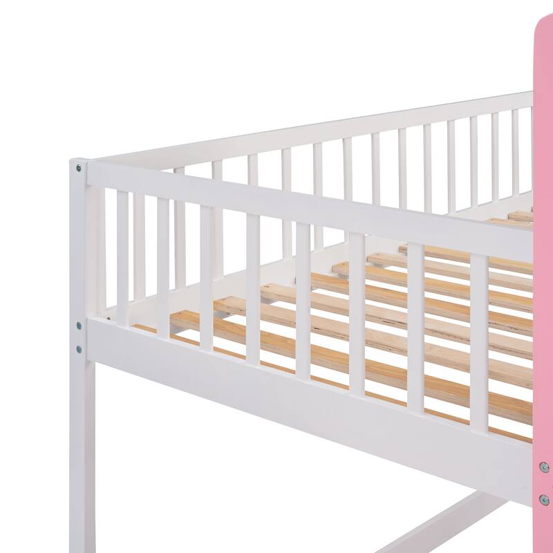 Twin Over Twin Wooden Castle Bunk Bed, Solid Pinewood Floor Bunk Bed Frame with Built In Ladder and Safety Guardrail