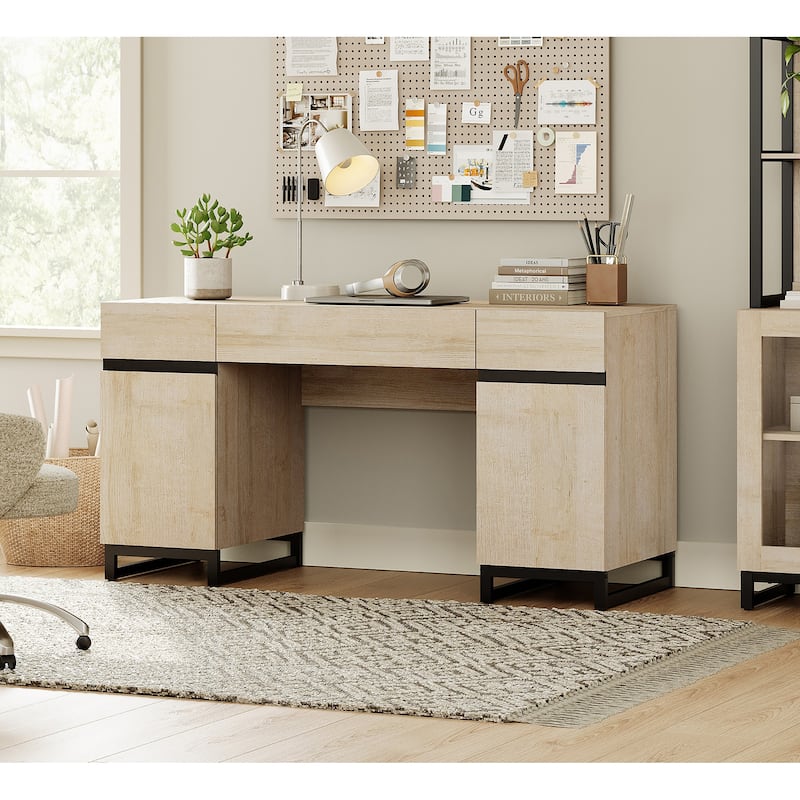 WAMPAT 59" Modern Executive Desk with Drawers, Home Office Computer Desk with Charging Station, File Drawer, Storage Cabinet.