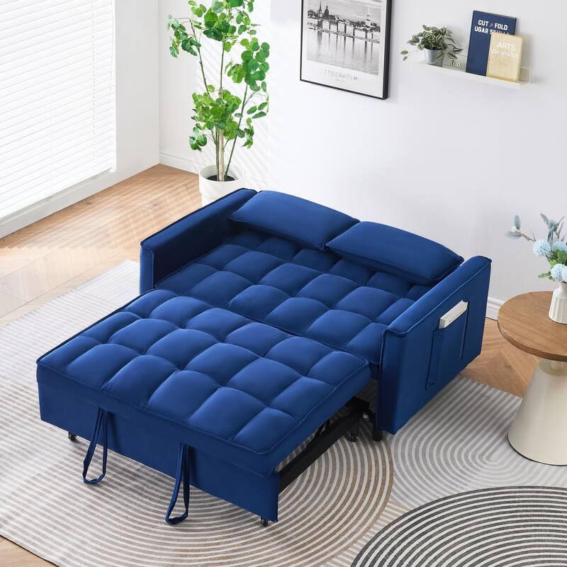 Velvet 3 in 1 Pull Out Loveseat Sofa Convertible Sleeper Love Seat Bed Tufted Futon Sofa with 2 Pillows and Pockets