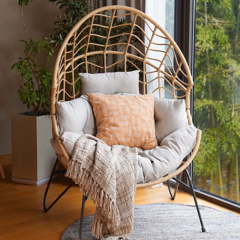 Oversized Wicker Egg Chair with Cushion Backyard Back Porch, Tan