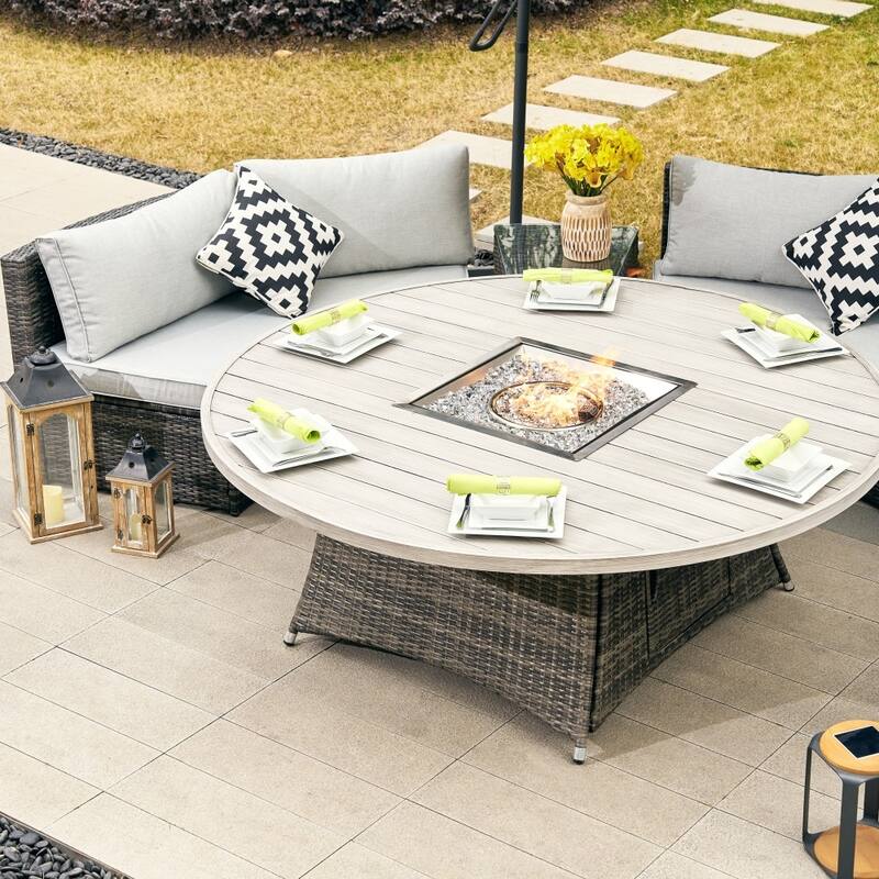 Modern 9-piece Patio Iron Wicker Conversation Sofa with Premium Aluminum Fire Pit Table