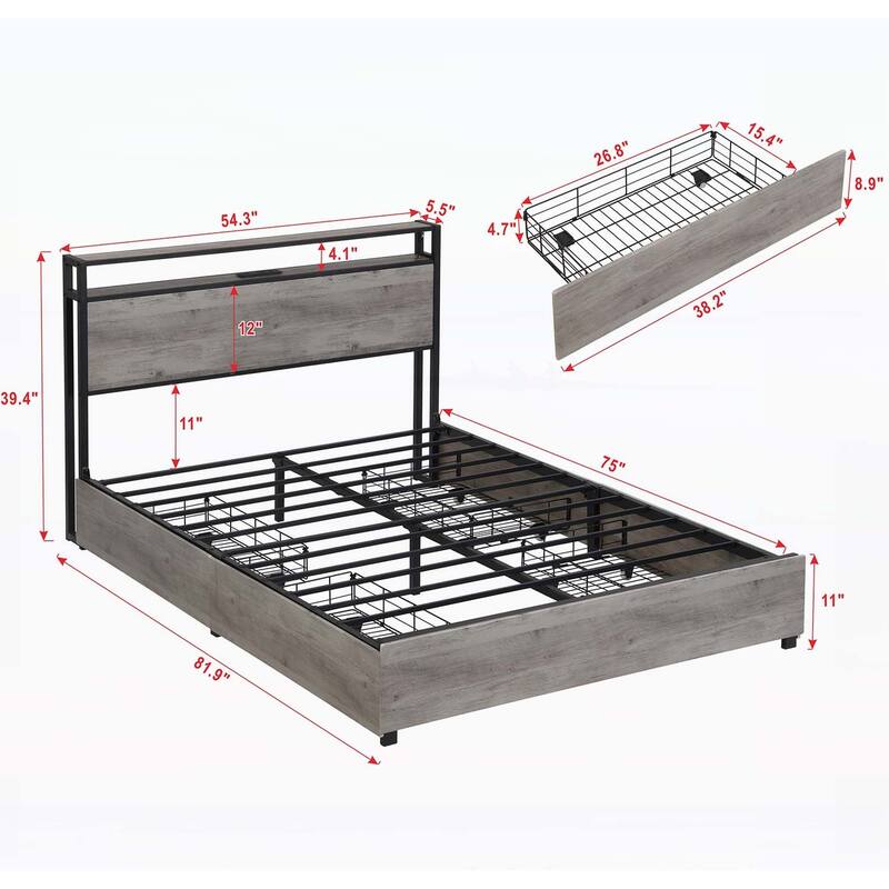Platform Bed with Storage Headboard, Charging Station and LED light