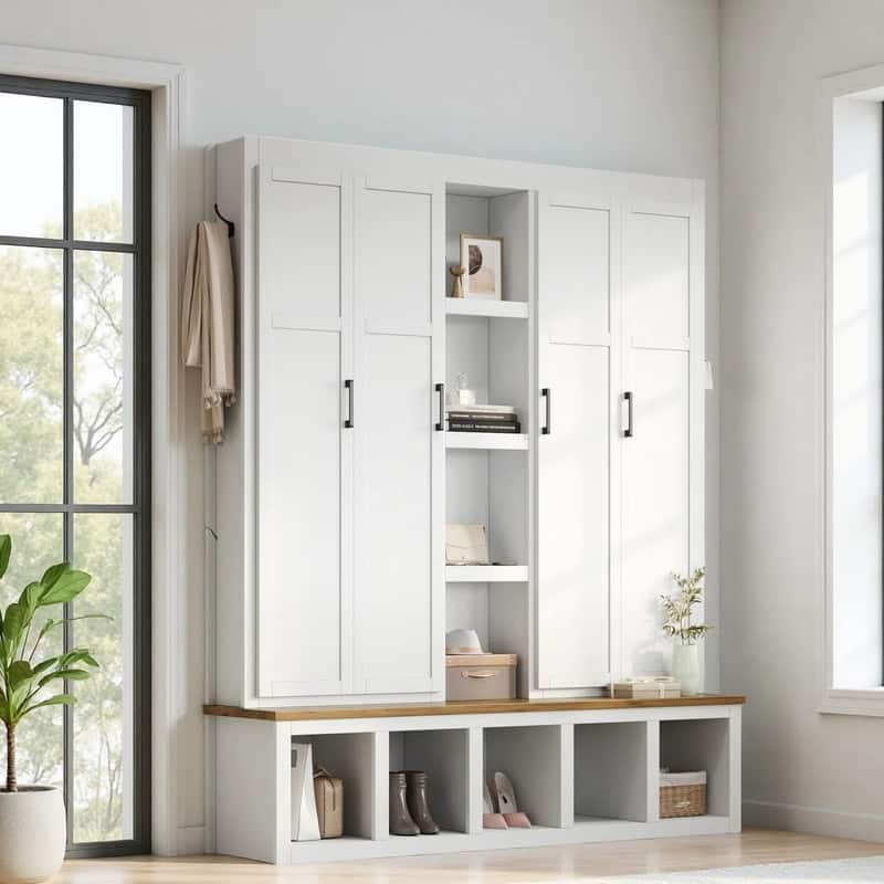 4-in-1 Hall Tree with 6 Hanging Hooks, Entryway Shoe Cabinet with Open Compartments, Wood Bench with Multiple Storage Space - White
