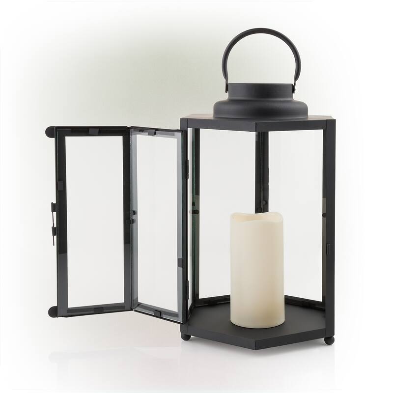 Alpine Corporation 14" Tall Outdoor Hexagonal Battery-Operated Metal Lantern with LED Lights, Black