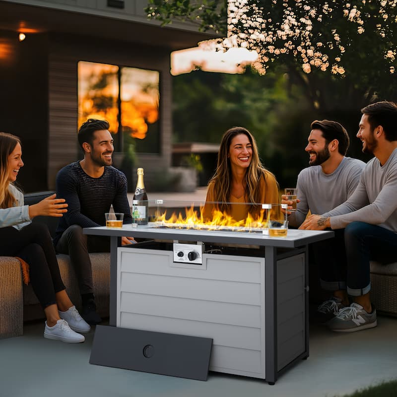 43'' Outdoor Propane Gas Fire Pit Table with Marble Texture Glass Tabletop, Ivory White