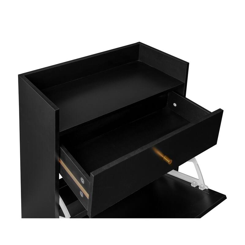 Entryway Shoe Storage Cabinet, Freestanding Rattan Shoe Rack, Shoe Organizer with 2 Flip Drawers & 1 Pull-Out drawer