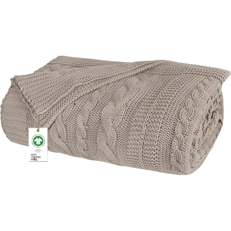 Delara Organic Cotton Throw Blanket 50x70 inches, GOTS Certified Cable Knitted Throws Blanket for Sofa Couch Bed, Baby Nursery - Light Grey