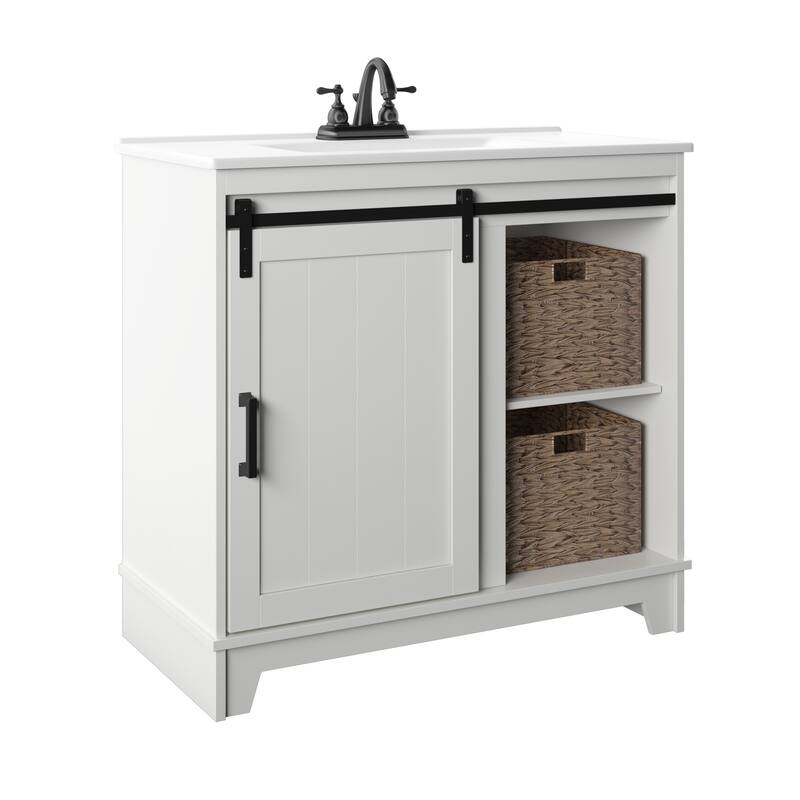 36" Sliding Barn Door Single Bathroom Vanity with Woven Baskets - White