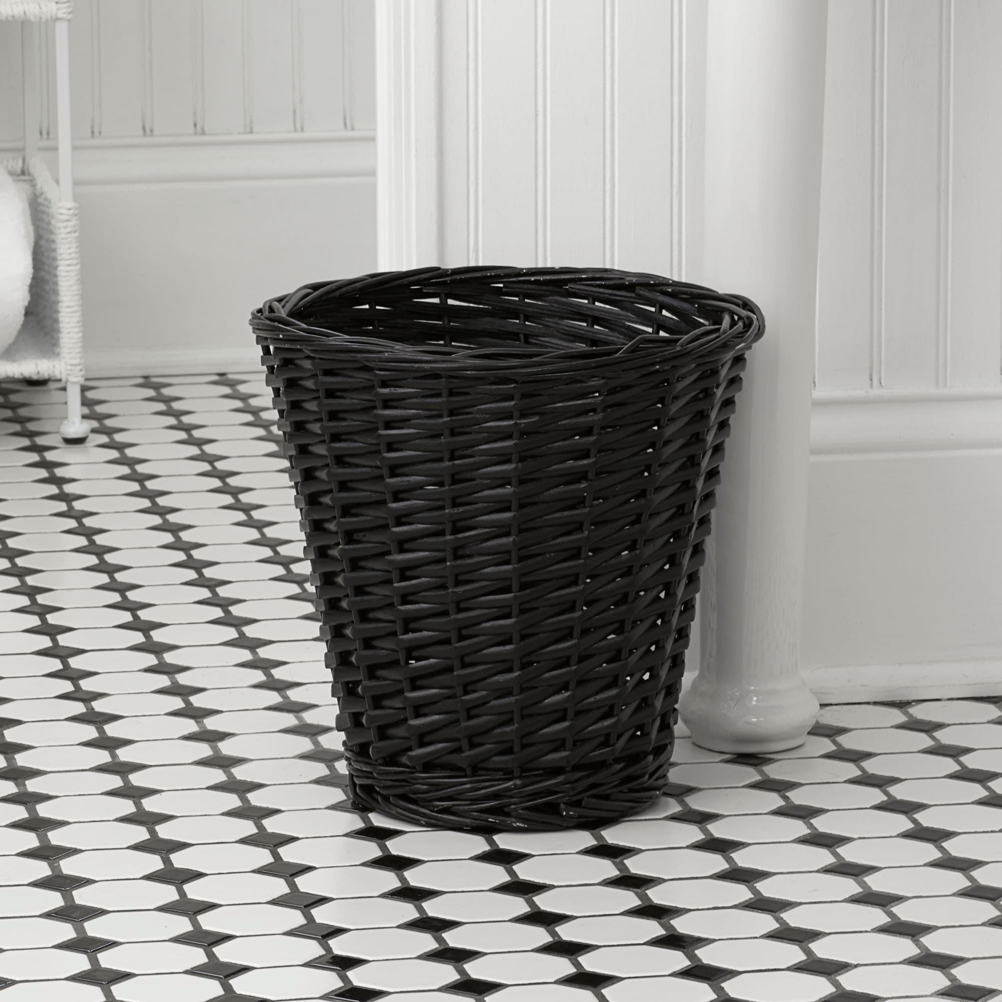 Willow Weave Wicker Waste Basket, Black