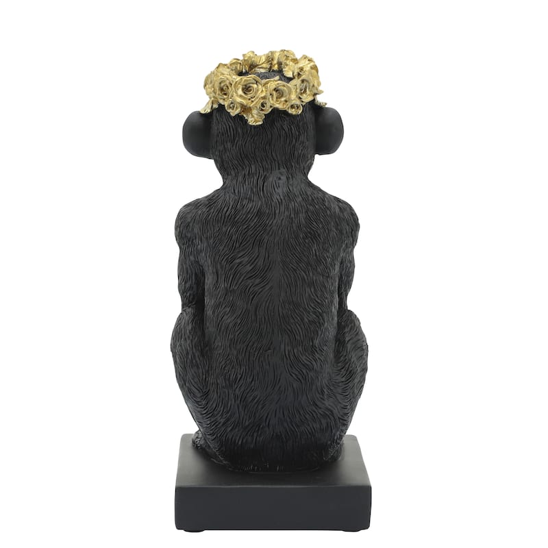 Res, 8" Monkey Flower Crown Figurine, Blk, gld 8"H - 5.0" x 3.0" x 8.0"