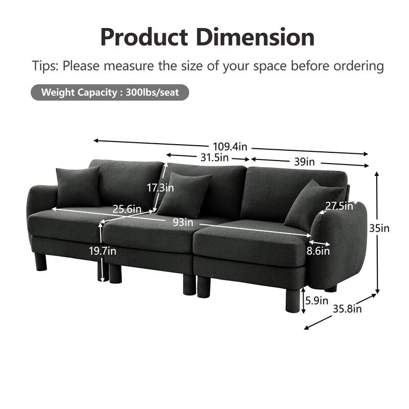 109.4" 3-Seater Modern Upholstered Sofa Couch, Deep-Seat Sectional Sofa with Shell-Shaped Armrests, Leisure Sofa for Living Room