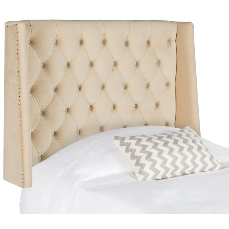 SAFAVIEH Shandra Taupe Linen Upholstered Tufted Wingback Headboard (Full)