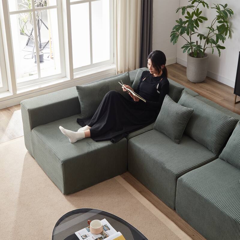 Corduroy Convertible Sectional Cloud Sofa, Foam-Filled Compressed Boneless Sofa, Modular L Shaped Floor 4 Seat Sofa