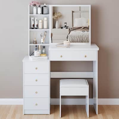 Makeup Vanity with Extra Large Sliding Mirror, 2-Piece Set with Stool, 37" Dresser with Ample Storage