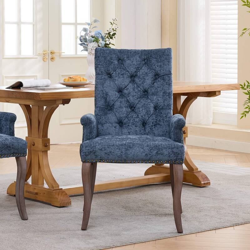 Upholstered Chenille Fabric Accent Dining Chair, Curved Solid Wood Legs, Elegant Tufted Club Dining Room Kitchen Room Arm