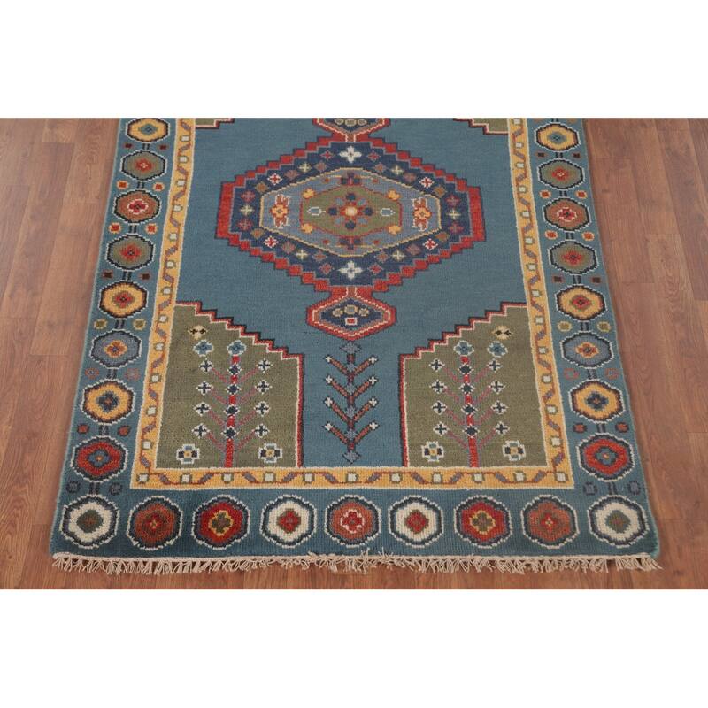 Blue Geometric Kazak Accent Rug Handmade Oriental Wool Carpet - 3'11"x 6'0"