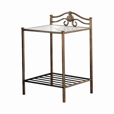 Kish 32 Inch 2 Shelf Nightstand, Tempered Glass Top, Brushed Antique Gold