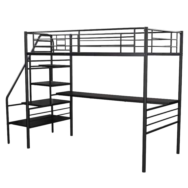 Industrial Metal Loft Bed with Desk, No Box Spring Needed, Twin, Black ...