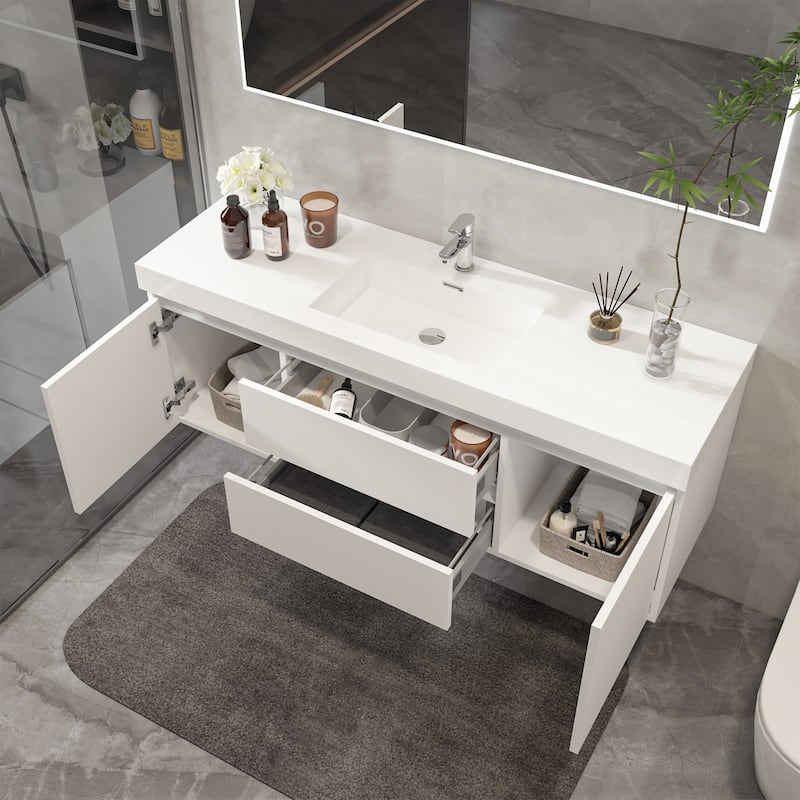 Vanity Art 48-Inch Single Sink Wall-Hung Bathroom Vanity Set White Stone Top Glossy Finish 2 Drawers 4 shelves