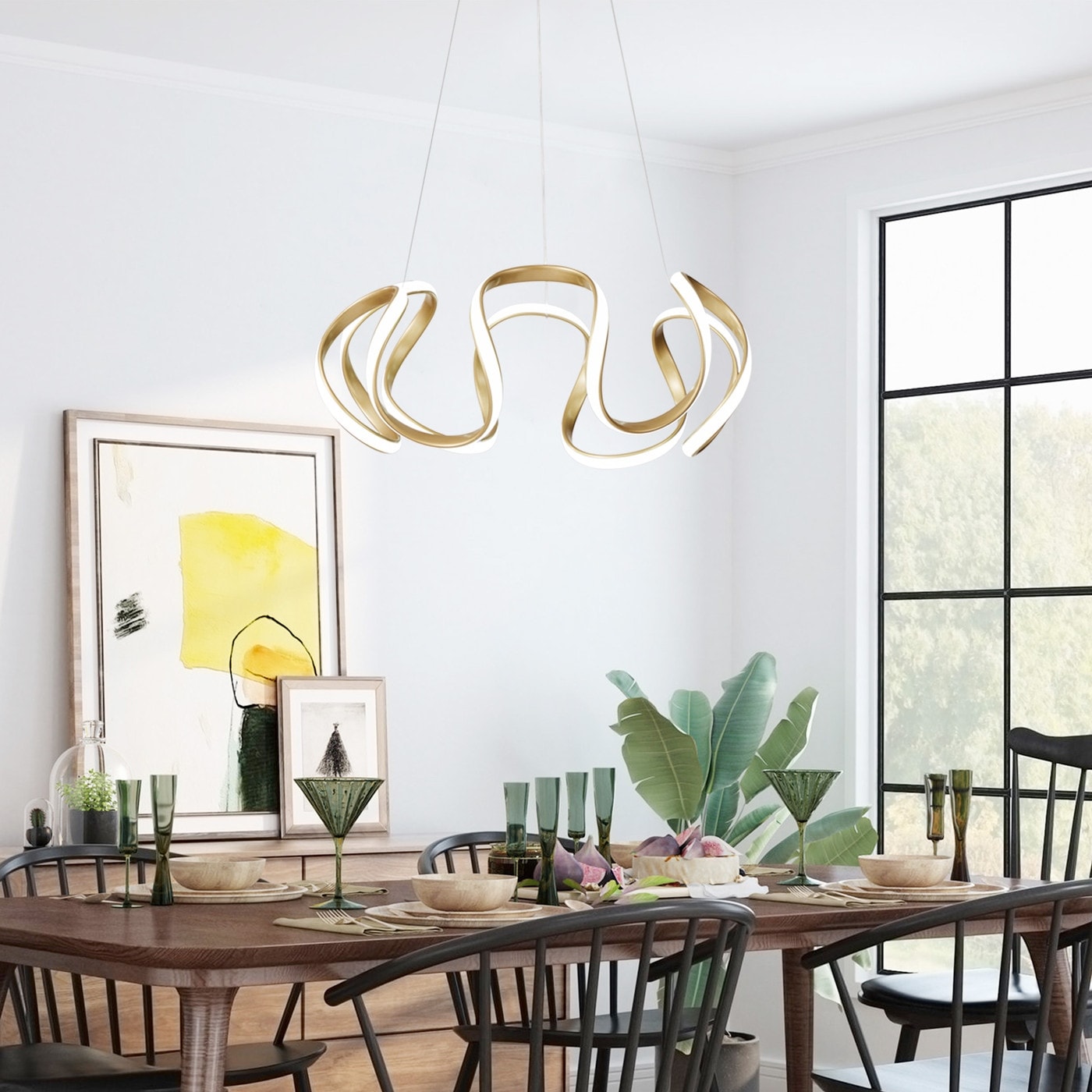 Modern Gold 1-Light Wavy Linear LED Pendant Lighting Fixture - On
