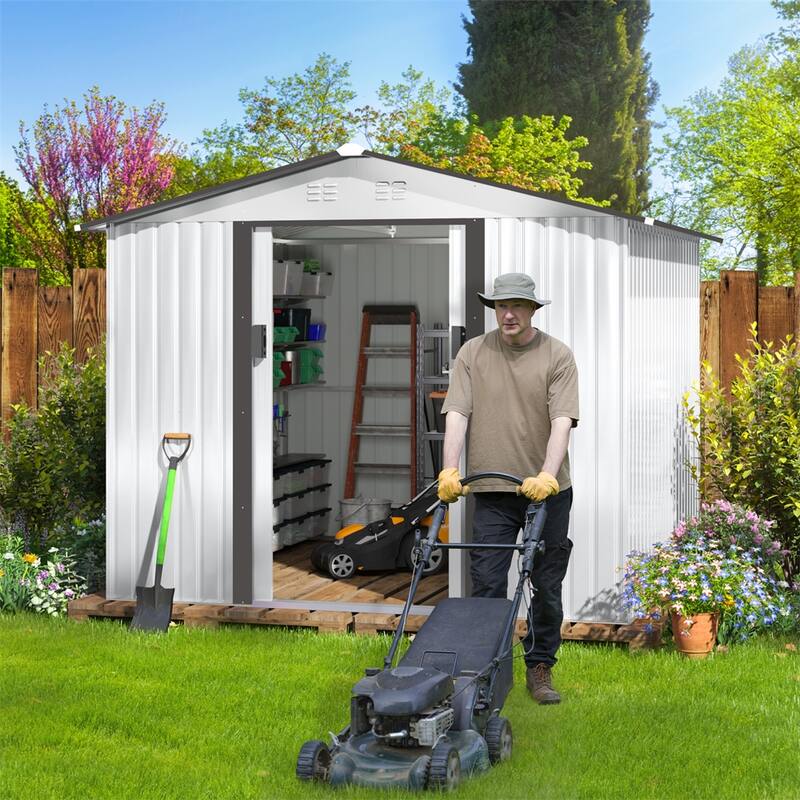 8' x 8' Outdoor Storage Metal Garden Shed with Double Sliding Doors